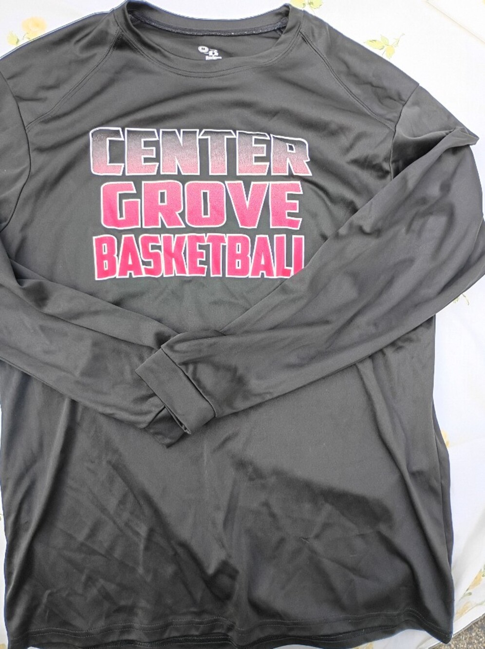Black Long-Sleeve Kids Tee with Pink Center Grove Basketball Graphic